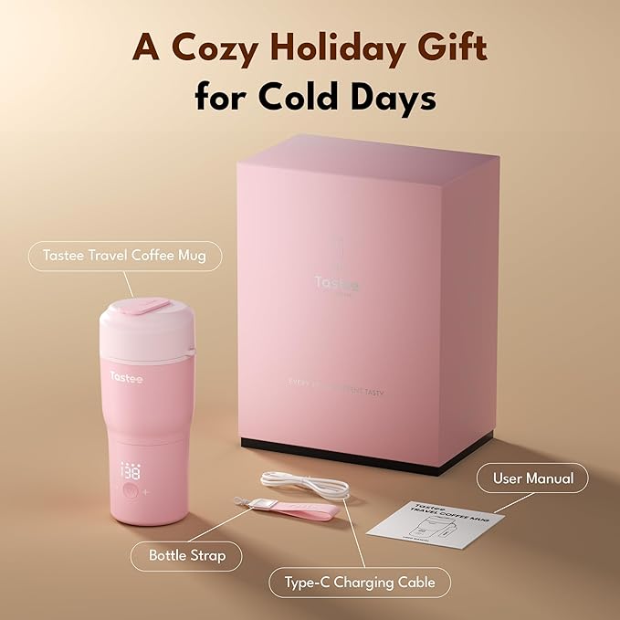Tastee Heated Coffee Mug โ 12oz Portable Travel Mug with 1โ Precise Temperature Control, 8-Hour Heat Retention, 30W Fast Charging, Leak-Proof, Wide Mouth, Gift-Ready for Office, Home & Outdoor(Pink)