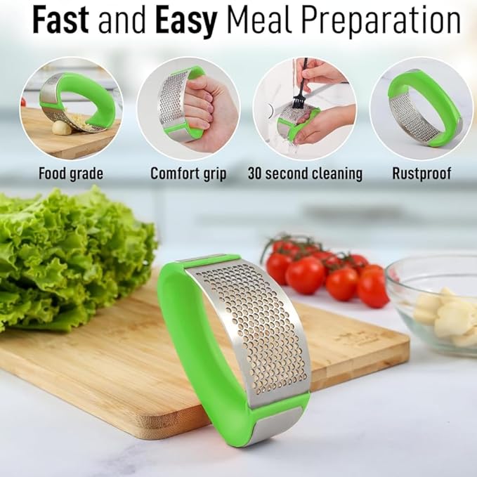 Angel's Peel Lounge Stainless Steel Garlic Press Rocker Set with Silicone Garlic Peeler & Cleaning Brush β Garlic Chopper, Mincer, Grater, Crusher β Easy for Crushed Cloves β Rust-Resistant, Green