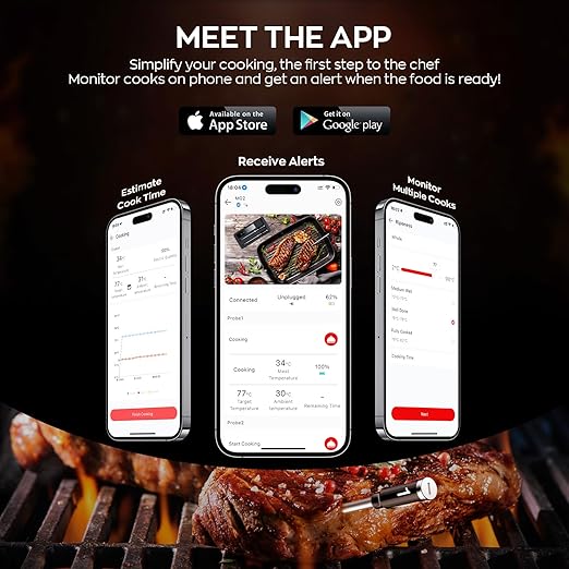 Smart Wireless Meat Thermometer with Dual Probes, Bluetooth & WiFi Combo, High Precision & Fast Response for BBQ, Grill, Smoker, Oven, Air Fryer