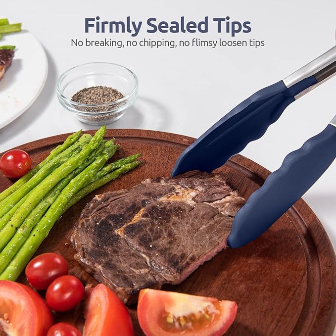 Heat Resistant Silicone Kitchen Tong: U-Taste 16 inch Extra Long Large 480ยบF Hot Proof Cooking Tong with Sturdy Non Stick Rubber Tips & Non Slip Silicon Coated Steel Handle for Grill BBQ-Midnight Blue