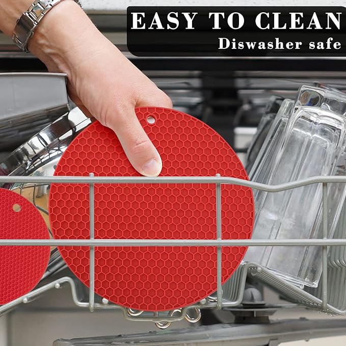 Silicone Trivets for Hot Pots and Pans - 4PCS Heat Resistant Oversized Silicone Pot Holders Hot Pads for Kitchen, Multipurpose Round Trivet Mat, Spoon Holder & Jar Opener, Drying MatďźRedďź