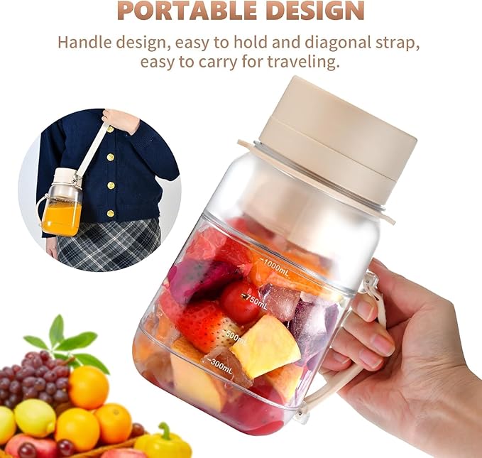 Portable Blender,FOUSIUTIM Personal Blenders for Shakes and Smoothies with34oz Cup, Lid and Shoulder Strap, Type-C USB Rechargeable, Personal Size Blenders BPA-free for Homeļ¼Gym/Travel
