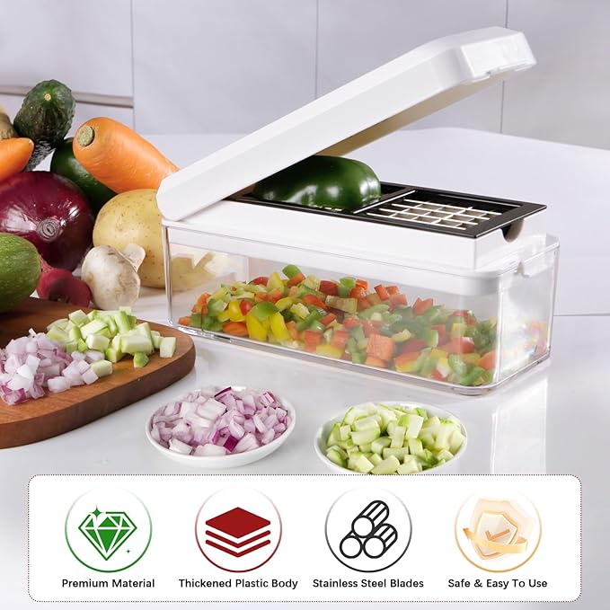 Vegetable Chopper, Onion Chopper Dicer, Mandoline Slicer, Food Chopper with Container, Vegetable Cutter for Salad Potato Carrot Garlic(2 Blades, White Black)