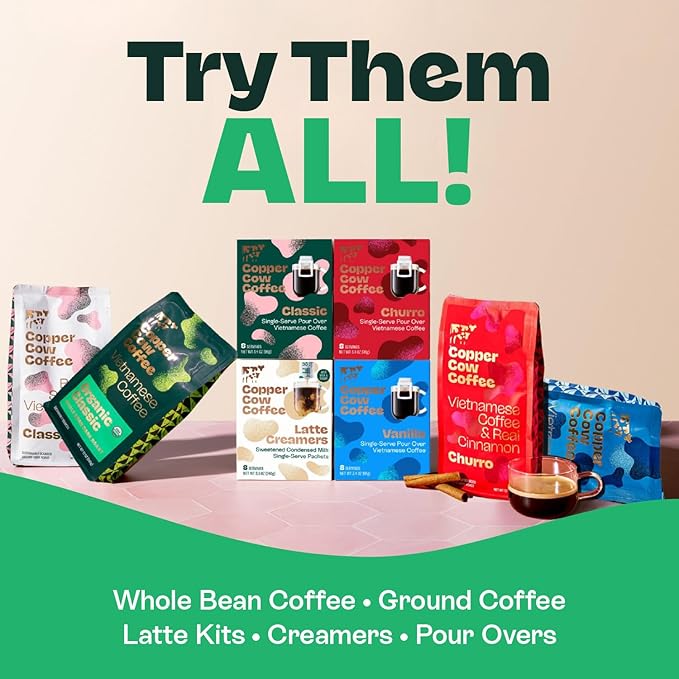 Copper Cow Coffee Premium Pour Over Single-Serve Vietnamese Coffee Pouches (24 pack) | Churro | Dark Roast | Flavored with Real Cinnamon | Convenient Vietnamese Ground Coffee Packets, Travel Friendly
