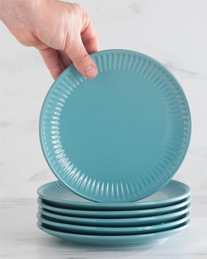 Stoneware Dinnerware Set for 4 People HYGGE 16-Piece - Elegant Scandi Design - Premium Dish Set - Bowl and Plate Set - Tableware for 4 People in a Ribbed Design - Pure Living in Green