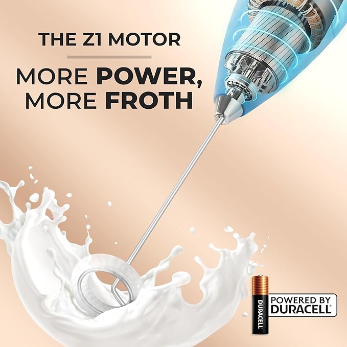 Zulay Kitchen Milk Frother Handheld Electric Whisk with AA Duracell Batteries – Durable Drink Mixer for Coffee, Lattes, Cappuccinos & More - Metallic Blue