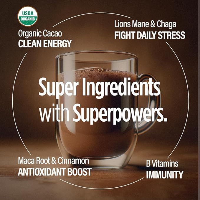VitaCup Shroom Fuel, Mushroom Based Instant Coffee Alternative Packets, Mushroom Coffee Substitute w/Cacao, Cinnamon, Chaga, Lions Mane, & Maca for Energy, Immune Support, & Focus, 24ct