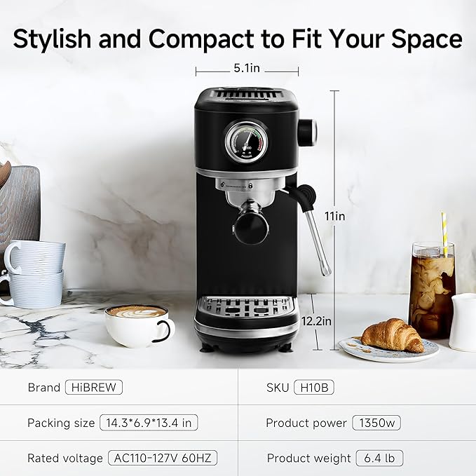 HIBREW H10B - 51mm Espresso Machine - Temperature & Cup Volume Adjustable at will - With Intelligent Display Screen & Pressure Gauge - Stainless Steel Body (Black)