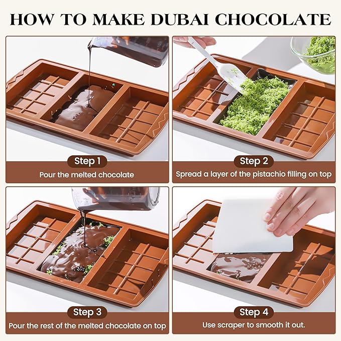 2 Pcs Chocolate Bar Molds Deep Large Chocolate Molds Silicone Break Apart Thick Silicone Molds for Candy Bar, With 100 Pcs Bags and 1 Pc Scraper Set (10 Snap)