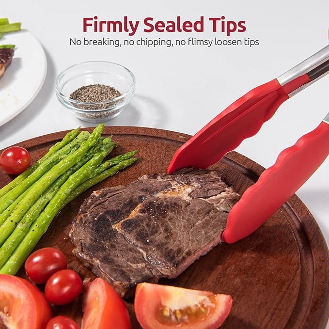 Heat Resistant Silicone Kitchen Tong: U-Taste 16 inch Extra Long Large 480ยบF Hot Proof Cooking Tong with Sturdy Non Stick Rubber Tips & Non Slip Silicon Coated Steel Handle for Grilling BBQ (Red)