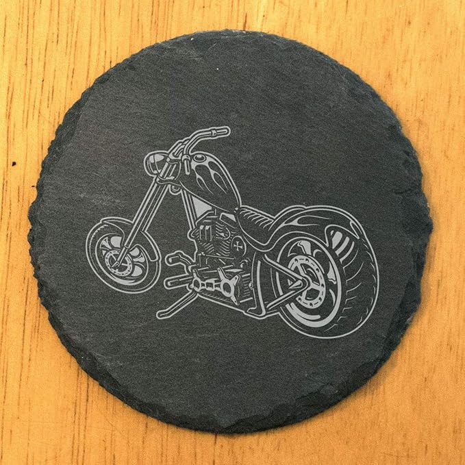 Level Up Your Man Cave: Rustic Chopper Coasters for The Motorcycle Enthusiast - Round Slate - Set of 4