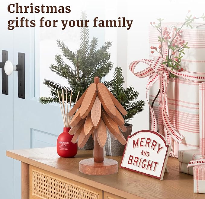 Tree Shape Wooden Trivets for Hot Dishes, 4 Wooden Trivets + 1 Stand stored Like a Christmas Tree,for Easy Storage,Multifunctional Ornaments (Walnut Brown)