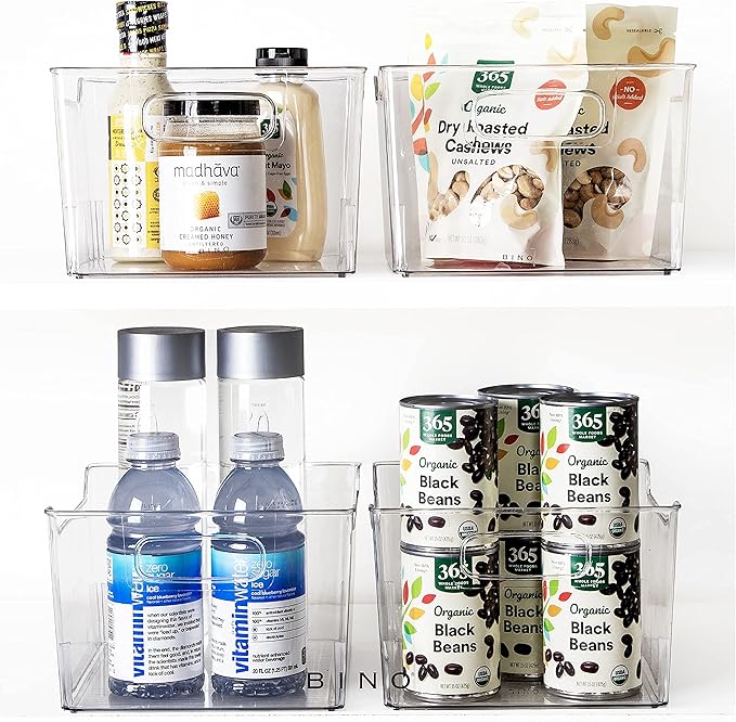 BINO | Plastic Storage Bins - 4 Pack | THE LODGE COLLECTION | Clear Storage | Containers for Organizing with Handles | Pantry Kitchen Organization | Fridge Organizer | Bathroom | Shelves Cabinet