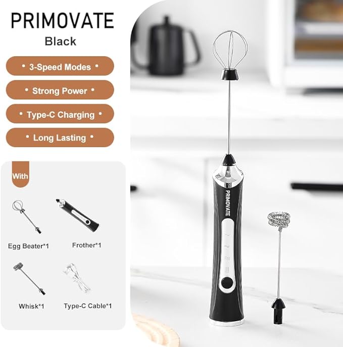 Rechargable Milk Frother, Handheld Drink Mixer with Whisk Attachment, 2025 upgraded, powerfull 3 speed motor, Type C charging with charge light, with extra egg mix head (White without Stand)