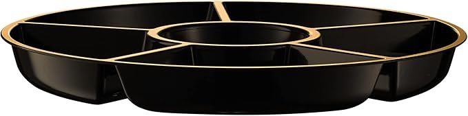 Plasticpro 6 Sectional Round Plastic Serving Tray/Platters Black & Gold Pack of 4