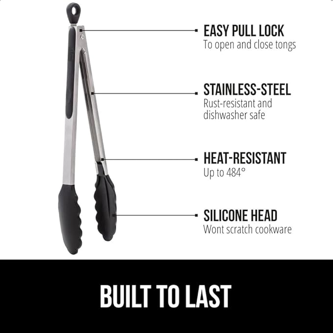 GORILLA GRIP Stainless Steel Heat Resistant Kitchen Tongs for Cooking, 7 + 9 + 12 Inch Set of 3 BBQ Tong, Non Scratch Silicone Tip for Pans, Strong Grip, Grab Food, Salad, Pull Lock, Black Gray Blue