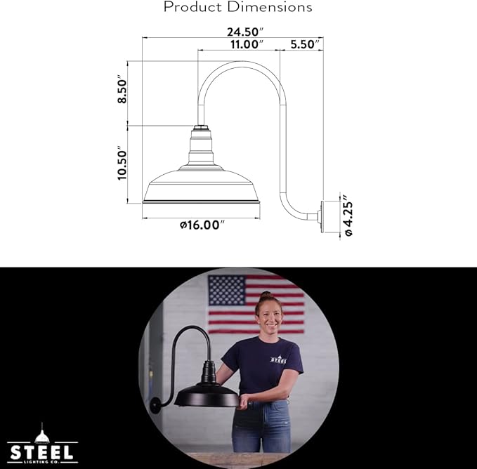 Steel Lighting Co. Gardena Barn Light | Outdoor Wall Mounted | 16" Dome | Upslope Gooseneck | Farmhouse Light Made in America | Dark Bronze Exterior/White Interior