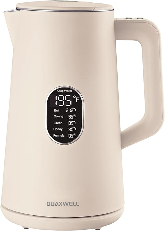 1.5L Electric Kettle Stainless Steel, Double Wall Cool Touch Teapot, Fast Boil,5 Temperature Control, LED Display, Auto Shut-Off,Keep Warm Function,Cream White
