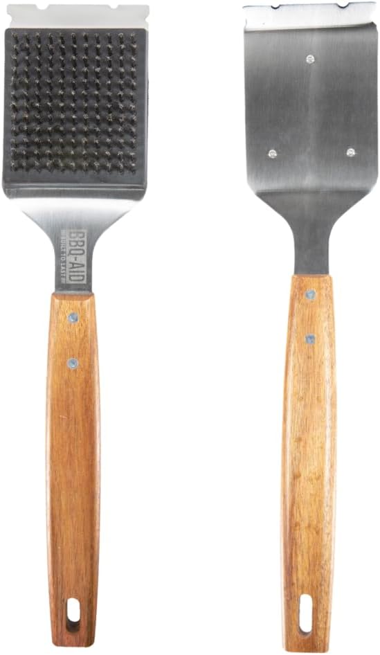 BBQ-Aid Grill Brush and Scraper for Barbecue – Grill Brush for Outdoor Grill with Extended, Large Wooden Handle and Replaceable Stainless Steel Bristles Head –No Scratch- BBQ Grill Brush for Any Grill