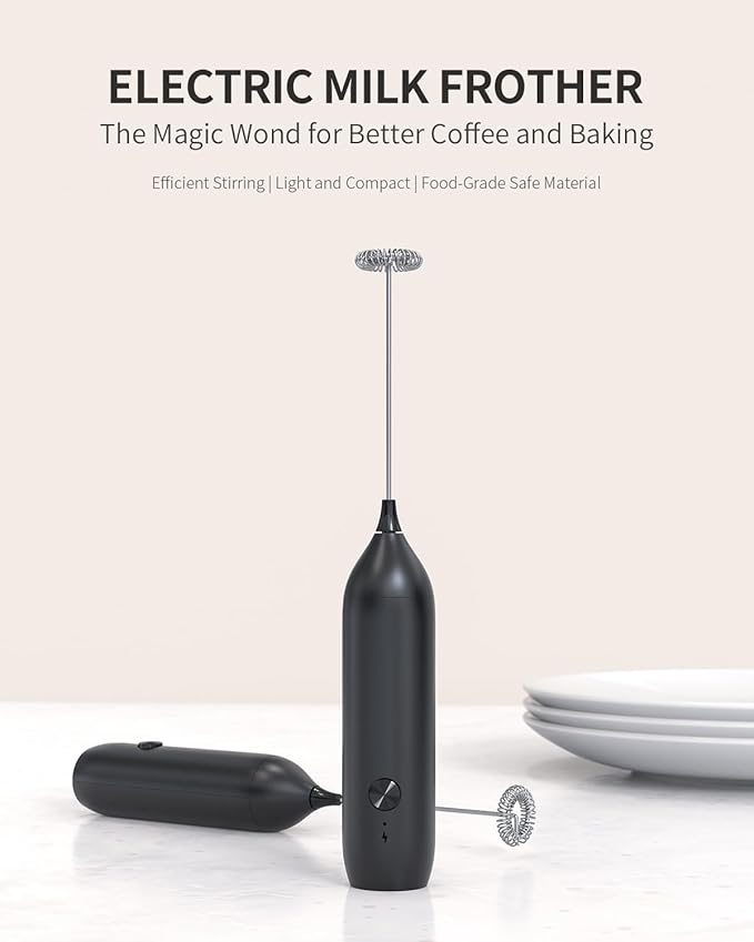 CIRCLE JOY Rechargeable Milk Frother Handheld, Coffee Frother Wand Drink Mixer with Stainless Steel Whisk for Coffee, Cappuccino, Lattes, Frappe, Matcha and Hot Chocolate, Black