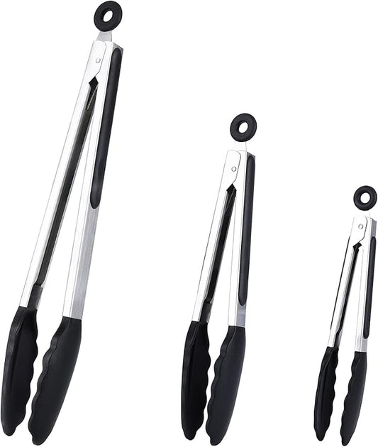 Kitchen Tongs Set of 3, Black Cooking Tongs with Silicone Tips, Non-Stick Non-Scratch Heat Resistant Tongs for Grilling Cooking BBQ Buffet Salad (Black, 7/9/12 Inch)