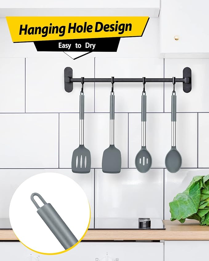 Pack of 4 Silicone Cooking Utensils Set, Non Stick Large Solid Spatulas, Heat Resistant Gray Slotted Spoons, Ideal BPA Free Kitchen Turners for Frying, Mixing,Serving,Draining,Turning,Stirring