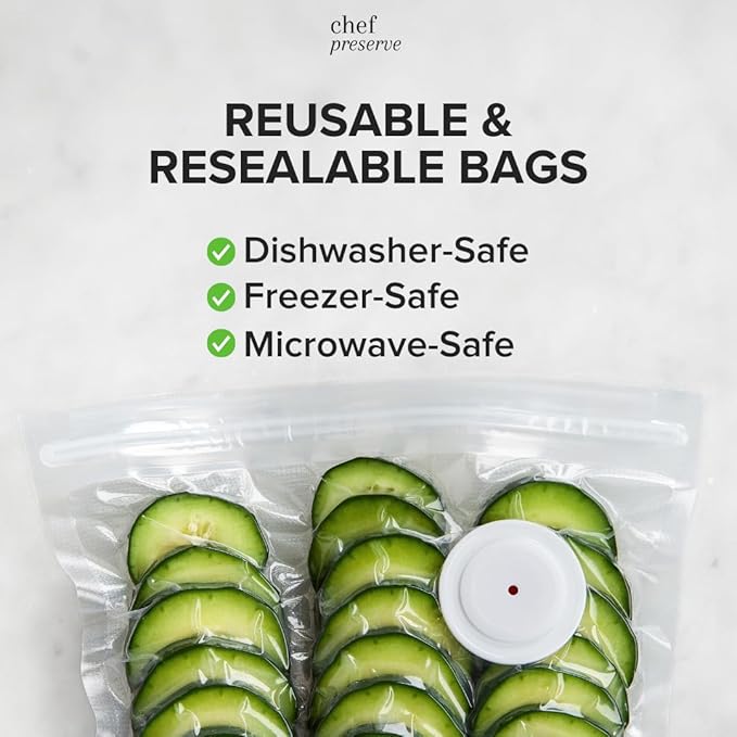 Chef Preserve Reusable Vacuum Sealer Bags for Food – 30 BPA-Free Food Storage Bags, Freezer, Microwave – Odor-Resistant, Leak-Proof – Compatible with Chef Preserve Vacuum Sealers