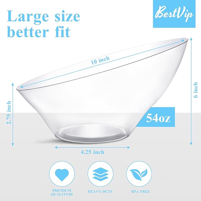 BESTVIP 54oz Clear Plastic Serving Bowls for Party - 12 Pack Angled Disposable Serving Bowls, Party for Chips, Snacks, Fruit, Salad - Bowls for Parties, Daily Use, Catering, Christmas
