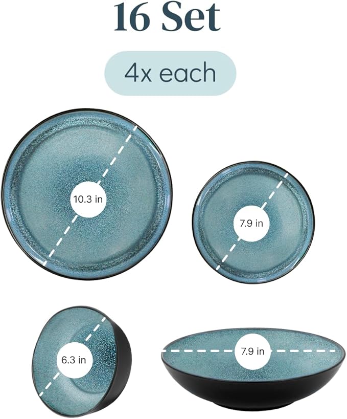 16 Piece Dinnerware Sets for 4 - Modern Style Stoneware Dinnerware Set - Scratch Resistant, Dishwasher Safe Plates and Bowls Sets Ceramic, Dish Set, Bowl and Plate Set - Black and Petrol Blue…