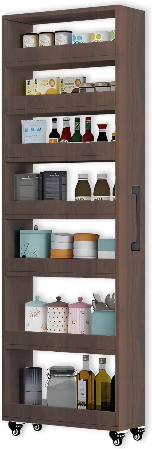 7-Tier Slim Storage Cart, Wooden Rolling Pantry Cabinet with Wheels, Narrow Shelf Organizer for Kitchen, Bakers Rack, Dining Room, Closet, Small Spaces Gray 73.2''H*9.8''W*19.6''D