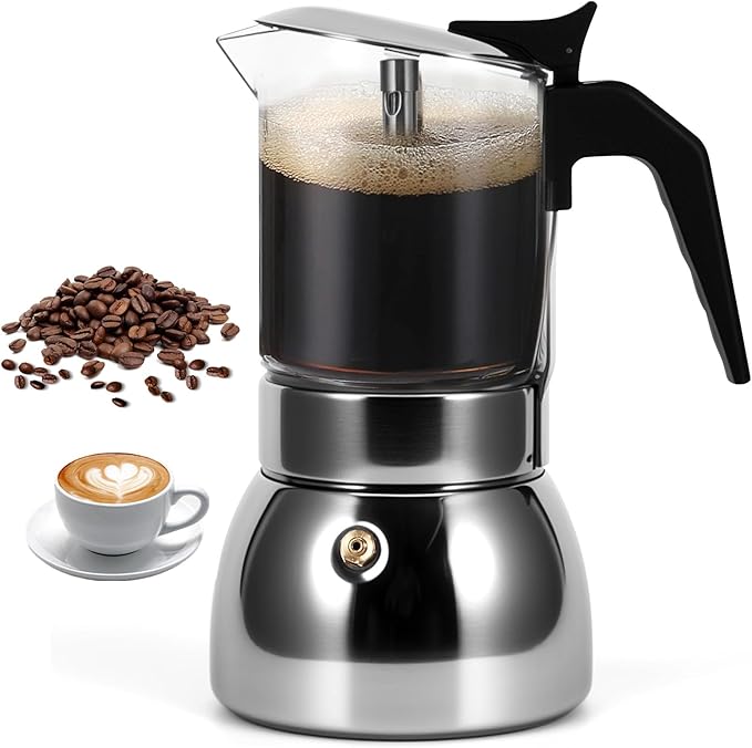 Stovetop Espresso Maker, 9Cup 450ML Stainless Steel Stovetop Italian Coffee Maker Transparent Glass Moka Pot, Coffee Maker Mocha Pot for Home Cafe Outdoor Office
