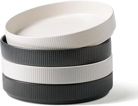 famiware Star 8.25" Pasta Bowls, Large Dinner Bowls Set of 4, Salad Bowl Plates, Shallow Bowls for Eating, Dark Charcoal & White Full Glaze Matte