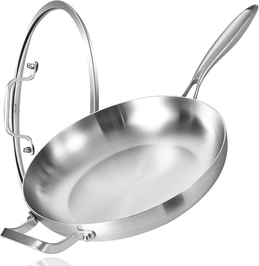 LOLYKITCH 14 Inch Tri-ply Stainless Steel Frying Pan with Lid and Helper Handle,Large Skillet,Induction Chef's Cooking Pan,Oven Safe and Detachable Handle