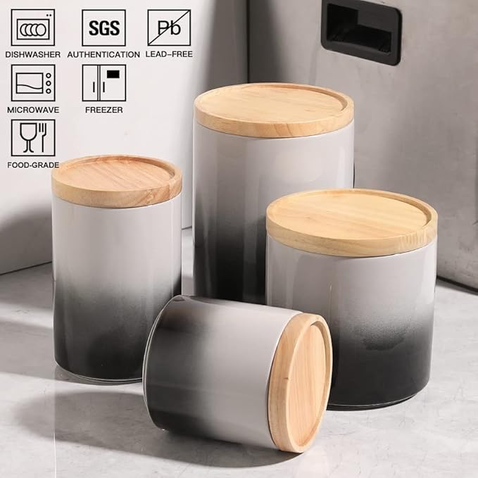 Sweejar Ceramic Food Storage Jar, Stackable Kitchen Canisters, Containers with Airtight Seal Wooden Lid for Serving Ground Coffee, Tea, Sugar, Salt and More - 28 Fl Oz (Gradient Gray)
