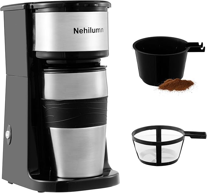 Single serve one cup drip coffee maker 14 oz,with personal travel cup,auto shut off function,Reusable Filter,Black and Silver
