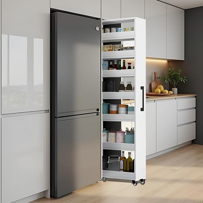 7-Tier Slim Storage Cart, Wooden Rolling Pantry Cabinet with Wheels, Narrow Shelf Organizer for Kitchen, Bakers Rack, Dining Room, Closet, Small Spaces Light Walnut 47.2" H*7.8" W*23.6" D