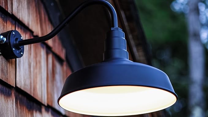 Steel Lighting Co. Gardena Barn Light | Outdoor Wall Mounted | 16" Dome | 11" Gooseneck | Farmhouse Light Made in America | Black Exterior/White Interior