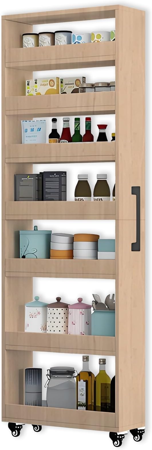 7-Tier Slim Storage Cart, Wooden Rolling Pantry Cabinet with Wheels, Narrow Shelf Organizer for Kitchen, Bakers Rack, Dining Room, Closet, Small Spaces Light Walnut 47.2" H*7.8" W*23.6" D