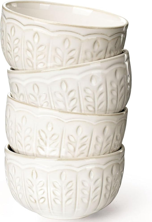 Artena Small Bowls Set of 4, 12 oz Ceramic Embossment Dessert Bowls, white Bowl for Kitchen, Ice Cream, Side Dishes, Rice, Cereal, Fruit, 4.5 Inch, Microwave & Dishwasher Safe, Wheat Leaf