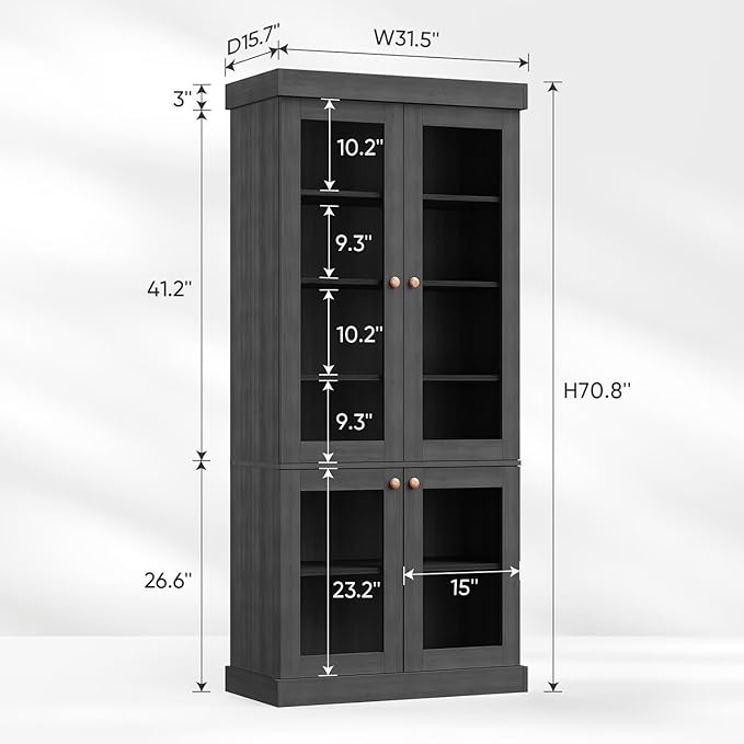 70.8" Tall Black Bookshelf with Glass Doors, Farmhouse Modular Bookcase with 6-Tier Adjustable Shelves, Large Storage Cabinet for Home Office, Living Room, Set of 3