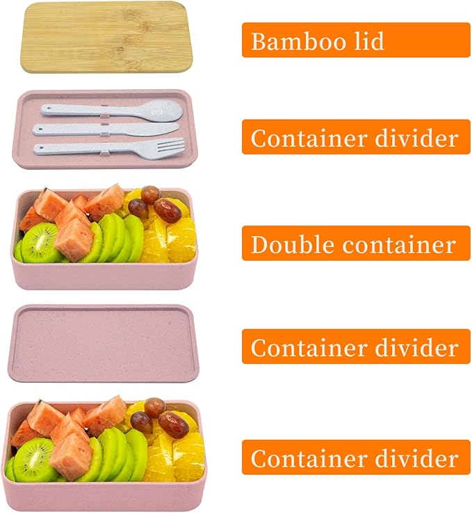 Bento Box Adult Lunch Box with Dividers, Pink, Plastic