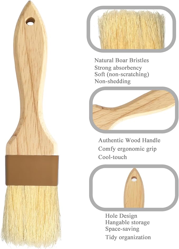 Natural Boar Bristle Pastry & Basting Brush - Non-Shedding, Food-Grade & Heat-Resistant Kitchen Tool for Cooking, Baking, Butter, Egg Wash, Oil, Sauce, Marinade & Cleaning Coffee Grinders - 1.5 Inch