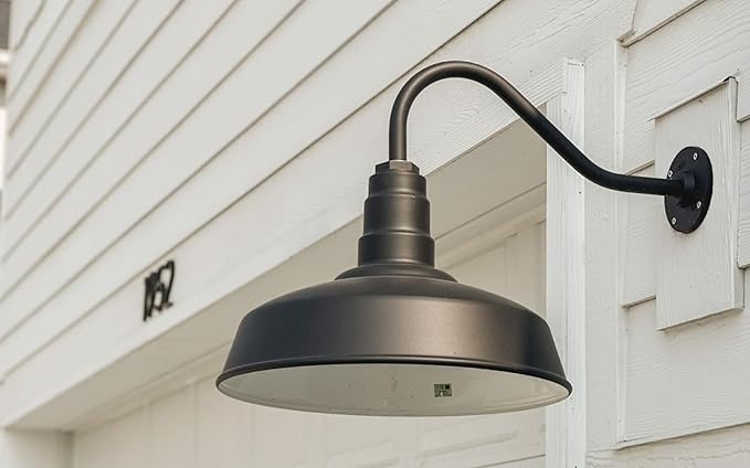 Steel Lighting Co. Gardena Barn Light | Outdoor Wall Mounted | 16" Dome | 23" Gooseneck | Farmhouse Light Made in America | Gray Blue Exterior/Brass Interior