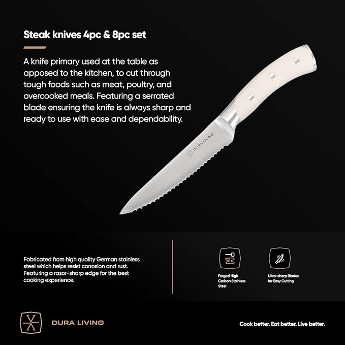DURA LIVING 4-Piece Serrated Kitchen Steak Knife Set – Forged High Carbon Stainless Steel, Ultra Sharp, Ergonomic Black Handles, Durable Dinner Knives, Cream Handle