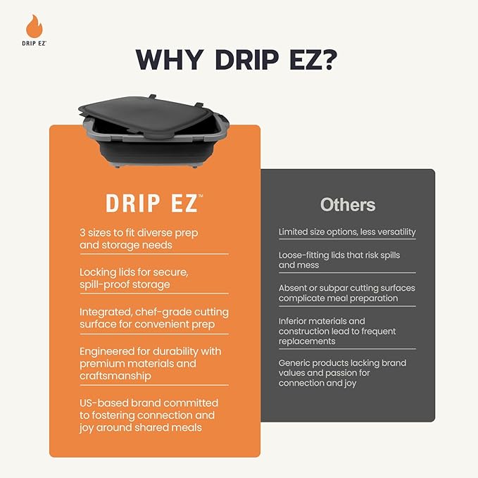 Drip EZ Collapsible BBQ Prep Tubs 3-Piece Set- For Meal Prep Marinating Food Storage - Includes Cutting Board & Lid - (1) JR + (1) OG + (1) XL - Black