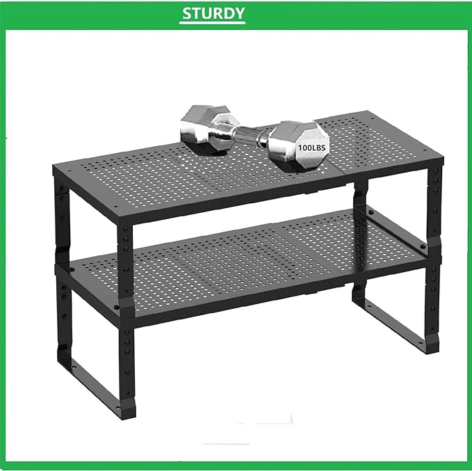 Metal Stackable Expandable Storage Shelf - Multi-Functional Home Storage Shelf, Suitable for Kitchen, Cabinet，Bathroom, Office, Garage, etc.（2PACKS/Black/Large