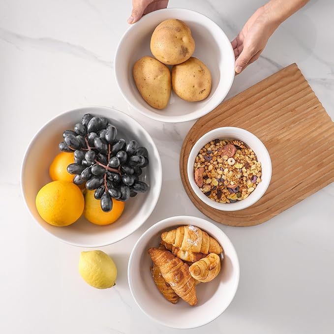 Mixing Bowls Set, Ceramic Serving Dishes Set of 4 for Cooking, Nesting, Prepping, Baking Bowls for Salads, Fruit, Cereal, Soup, 2.1/1.5/1.0/0.5 Qt, Dishwasher & Microwave Safe, White