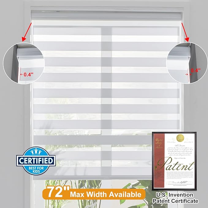 Persilux Cordless Zebra Blinds for Windows Free-Stop Roller Windows Shades (23" W X 64" H, White) Dual Layer Light Control for Day and Night, Light Filtering Sheer Shades for Home, Easy to Install