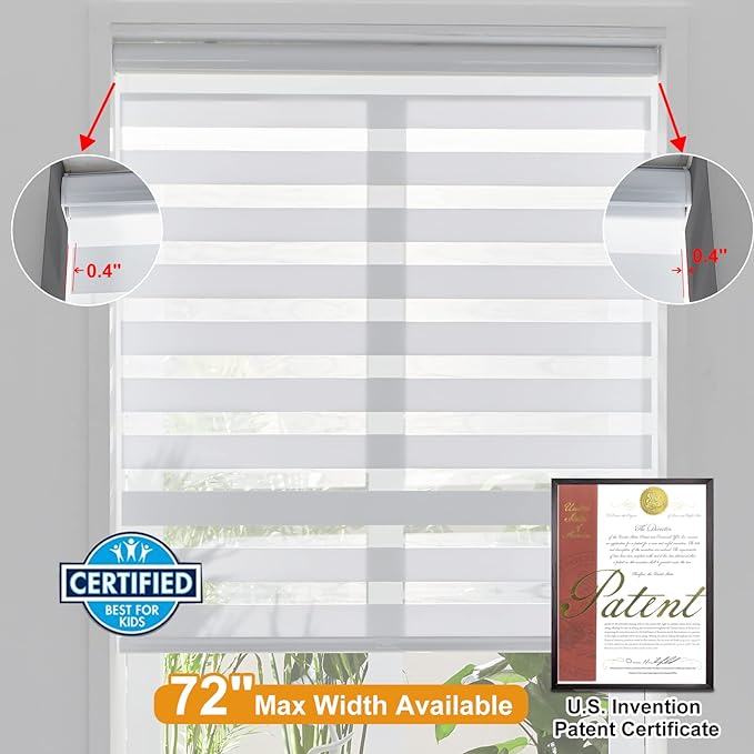 Persilux Cordless Zebra Blinds for Windows (35" W X 72" H, White) Free-Stop Dual Layer Roller Windows Shades for Day and Night, Light Filtering Sheer Shades for Home, Bedroom, Easy to Install
