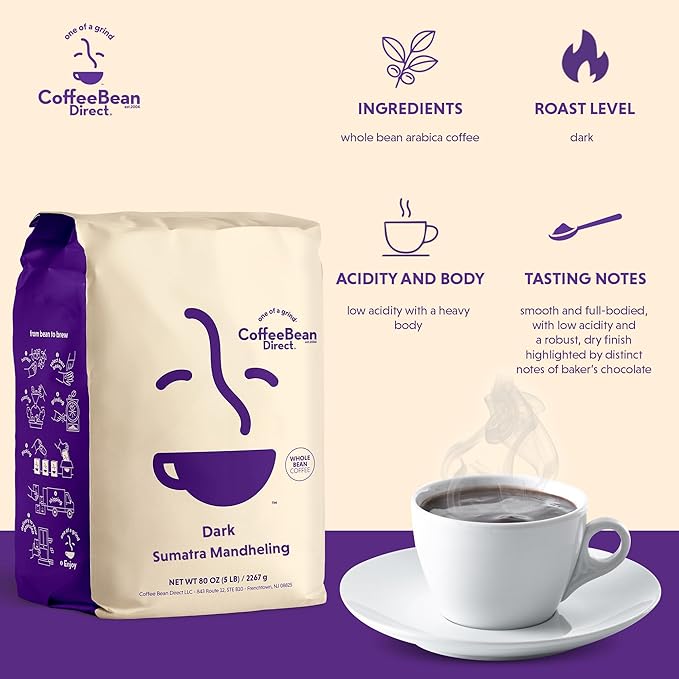 Coffee Bean Direct Dark Sumatra Mandheling, Whole Bean Coffee, Arabica Coffee, Dark Roast, 5 Pound Bag (Pack of 1)